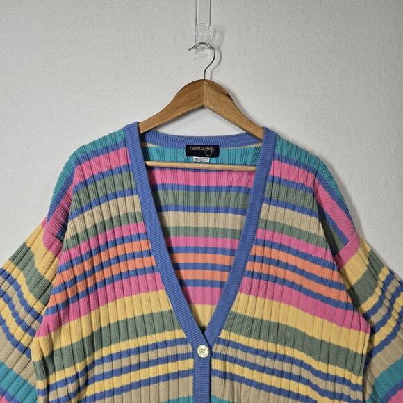 VTG Country Shop Cardigan Sweater Sz S* Multi Rainbow Striped Cotton Union Made - Picture 2 of 15